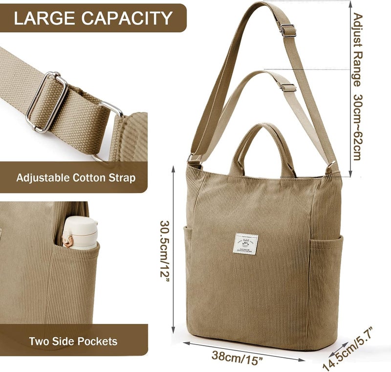KALIDI Corduroy Tote Bag, Large Messenger Bag Shoulder Hobo Anti Splash Crossbody Zipper Bag Casual Work Shopping Women - Image 5